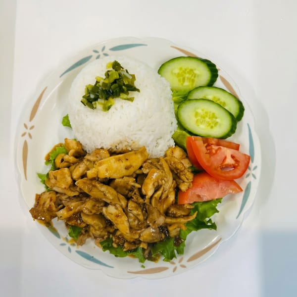 Chicken and rice dish with sliced cucumbers, tomatoes, and green onions on a white plate.